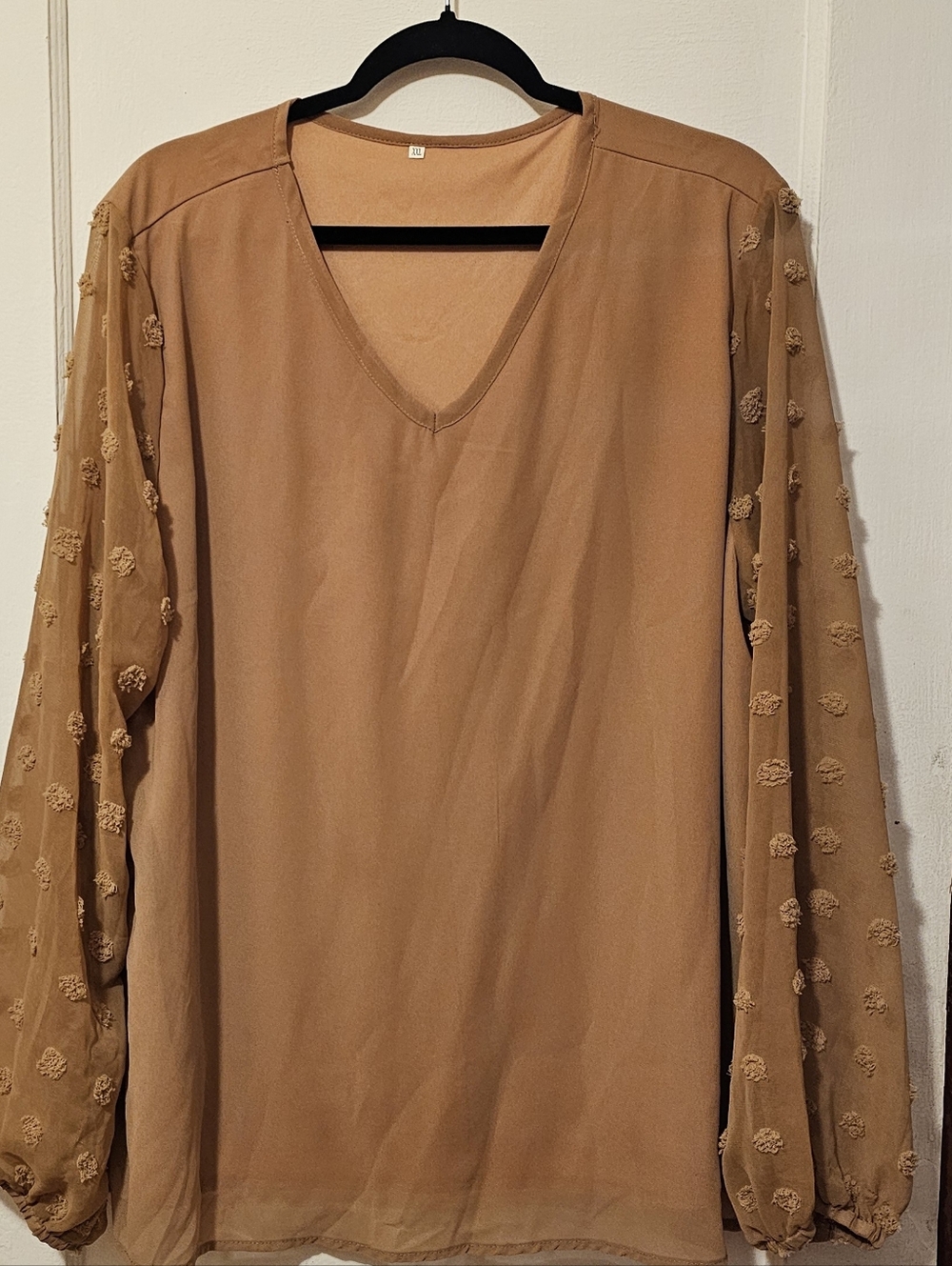 Brown V-Neck Blouse with Textured Sheer Sleeves